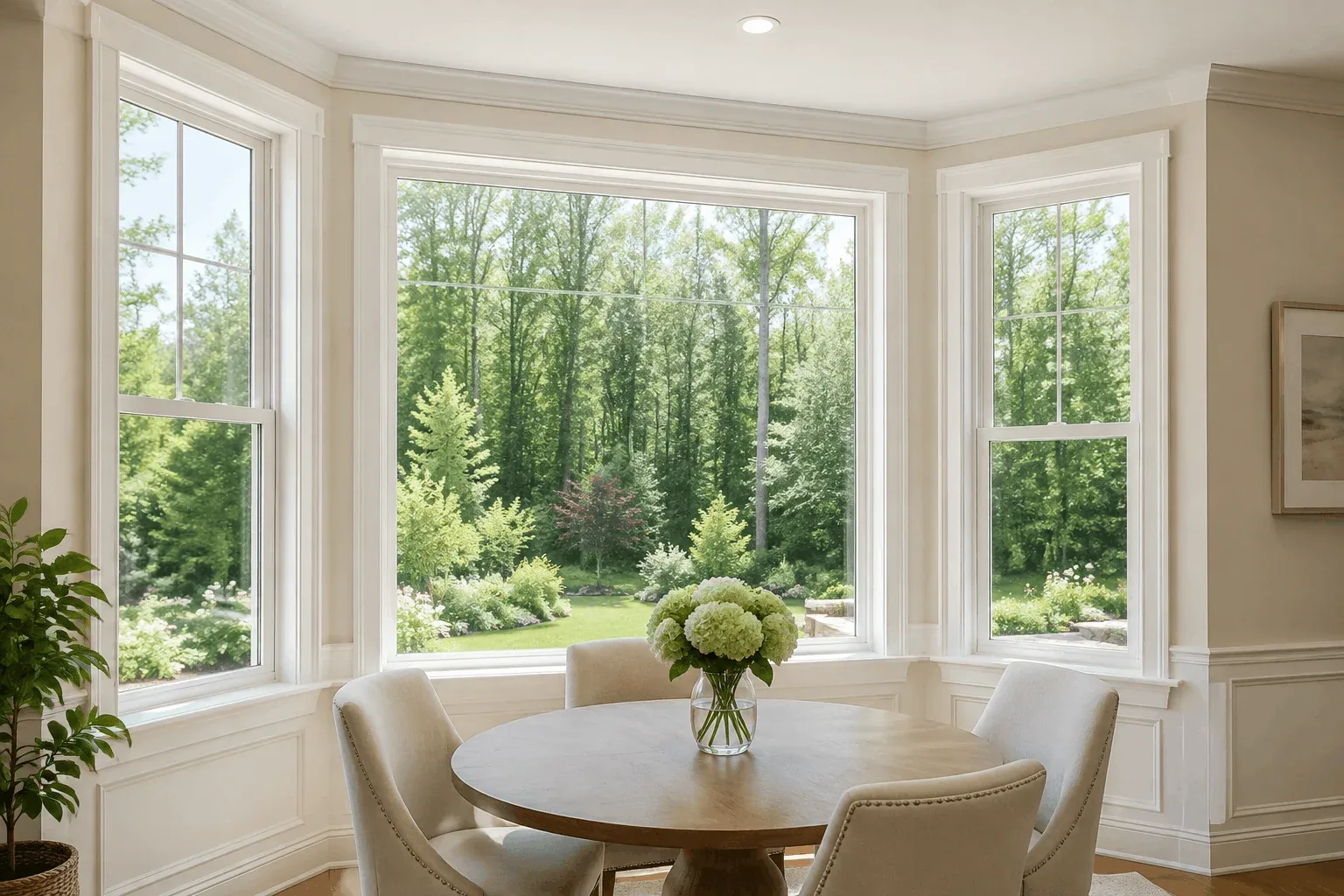 Bay window in a bright dining area of a Tallahassee home