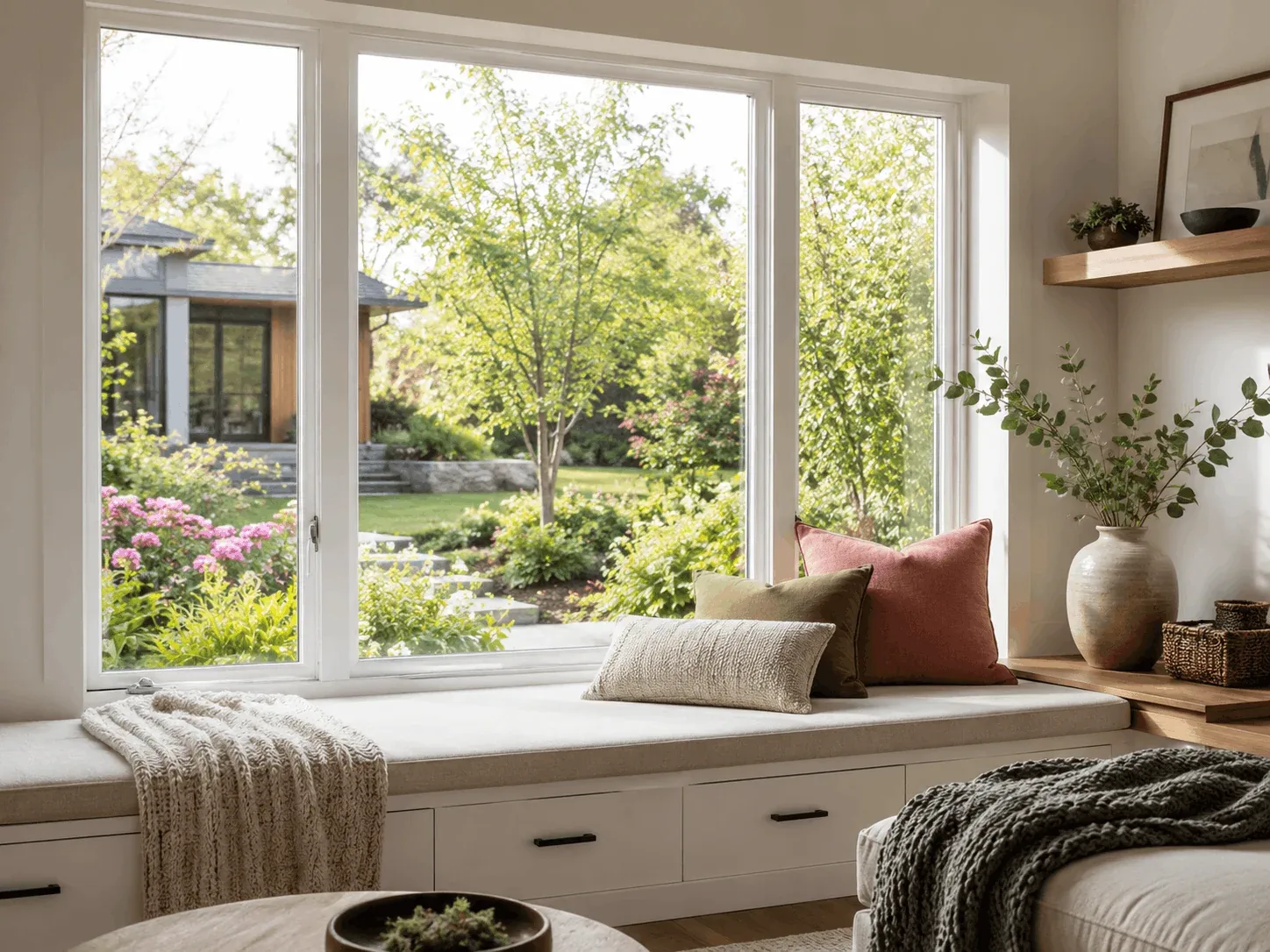 Bright daylight coming through a newly installed window onto a window seat