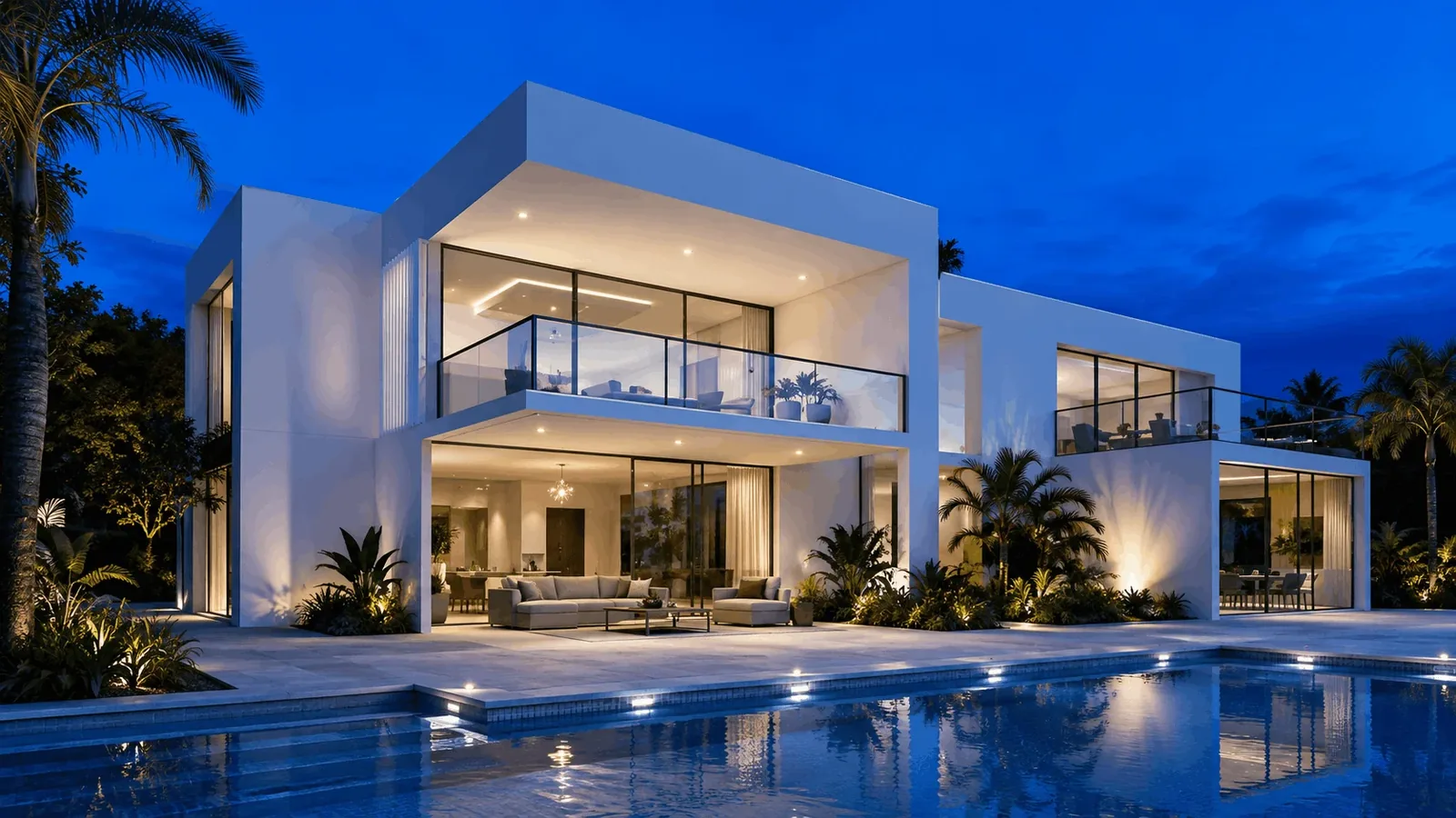 Sliding glass doors and glass walls lit from inside at night