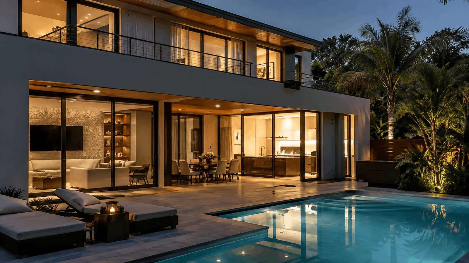 Impact resistant glazing across a modern home exterior at dusk